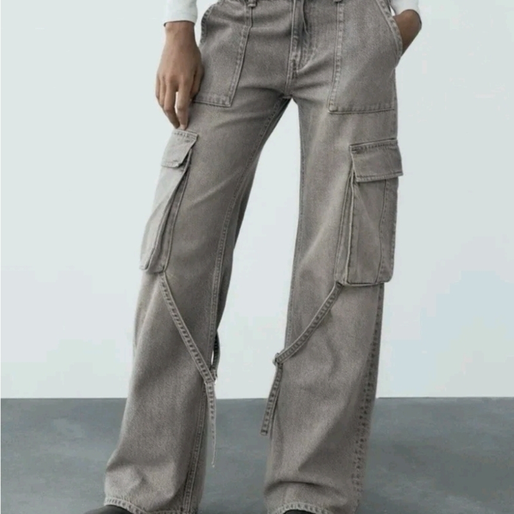 ZARA MID-RISE CARGO JEANS PANT ANTHRACITE GRAY. Wide Leg